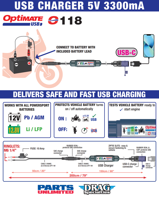 Tecmate Optimate Battery To USB-C Charger (O-118)
